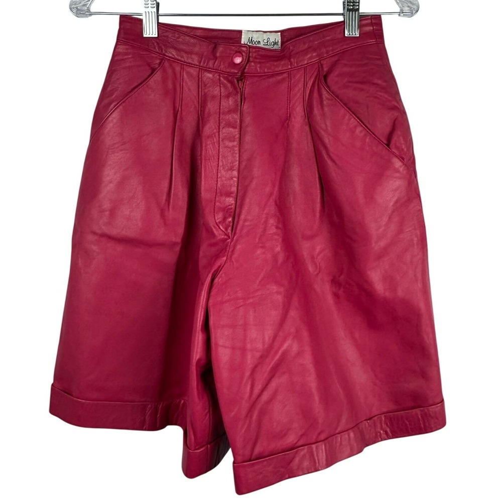 VTG‎ 80s Women's Pink Real Leather Pleated High Waist Bermuda Shorts 0/2